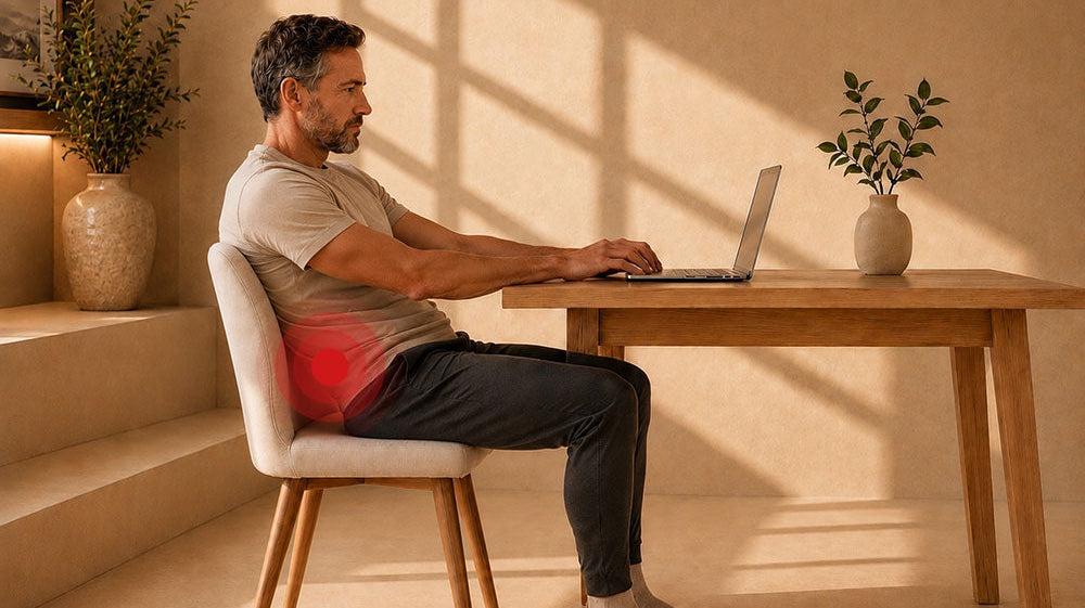 Man with a stiff lower back after sitting — gentle supported FlexBuddy stretches can help ease everyday stiffness